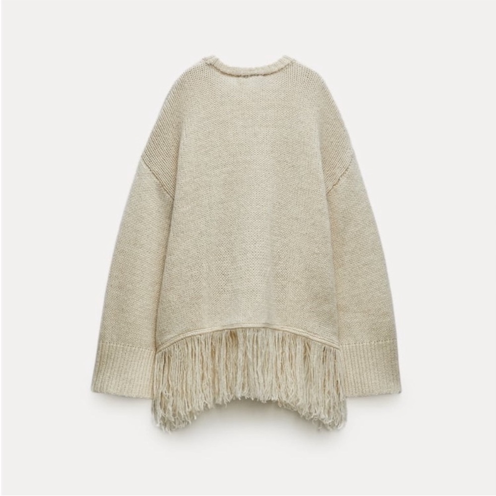 Zara 100% Wool Cream Fringe Hem Sweater - Picture 9 of 12